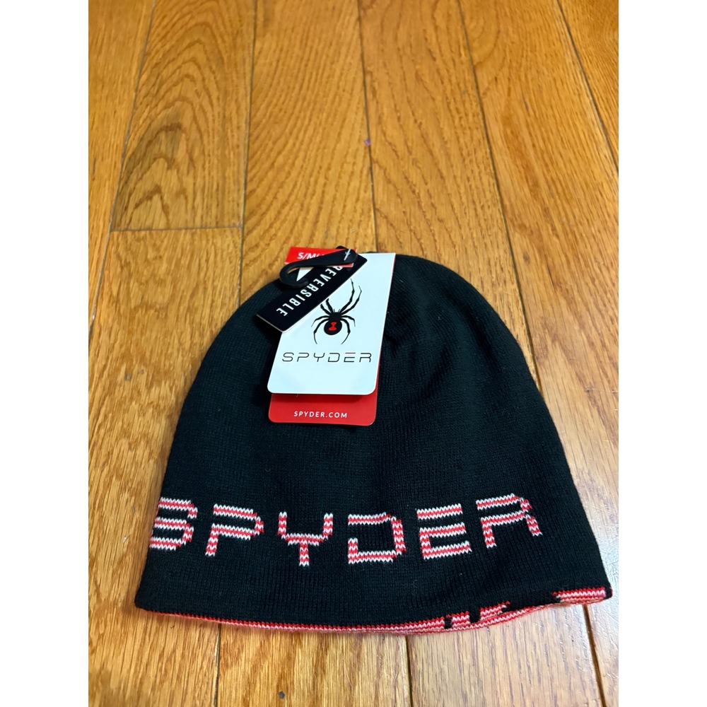 Spyder Kids Reversible Beanie Hat Black Red Logo Knit Winter Ski S/M OBSP907 NWT